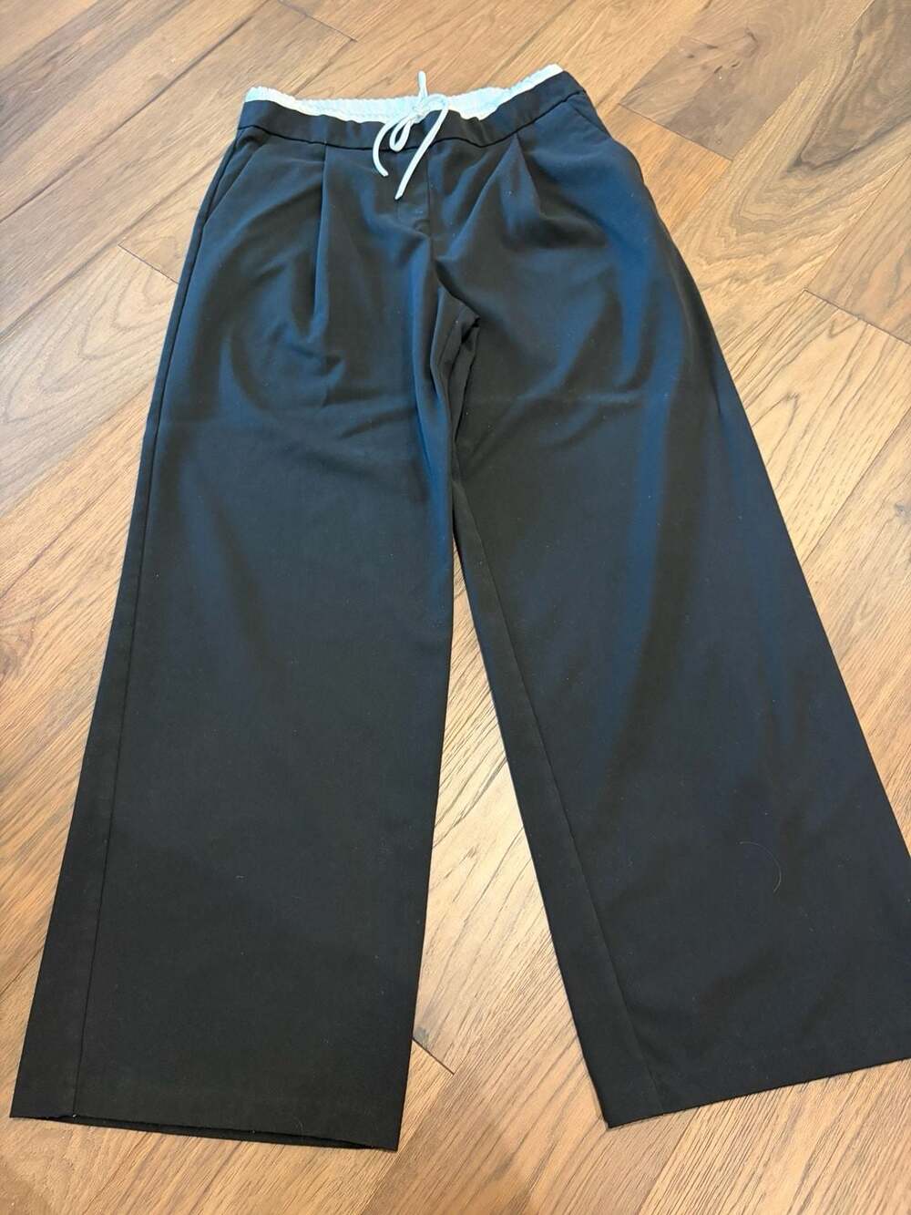 Zara Black Wide Leg Trousers with White Contrast Waistband